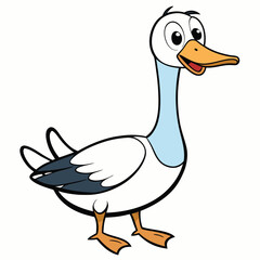 Animated cartoon goose with an orange bill is walking on a white background