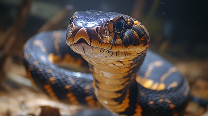 A king cobra rearing up, its hood spread wide, fangs slightly visible. 