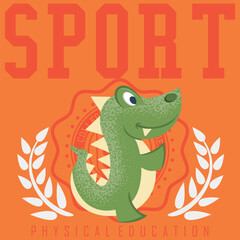 Crocodile or alligator mascot design with a sporty style, textures, text, and patches with varsity numbers and university-themed flags.