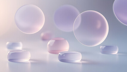 4K abstract soft-focus circles wallpaper, transparent floating shapes, pale pastel colors (lavender, blush pink, powder blue), white background, ultra minimal and clean, soft glowing edges