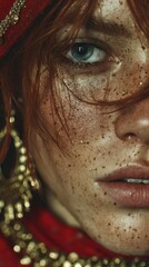 Close up of a model with freckles and striking jewelry in a vibrant outfit during a fashion shoot