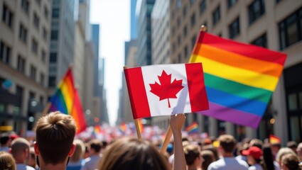 Celebrating pride canadian lgbtq+ parade in downtown city vibrant atmosphere colorful flags in view