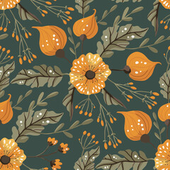 A decorative design showcasing orange and brown flowers in a repeating floral pattern