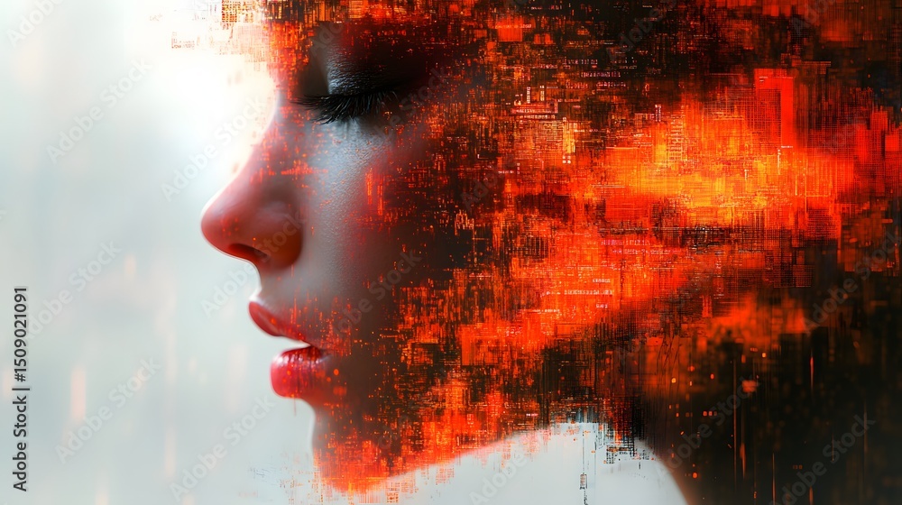 Poster An abstract and captivating profile showcases the fusion of human form with digital elements, offering a modern take on identity, technology, and artificial intelligence concept visuals.