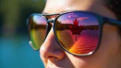 Reflection of a maple leaf in sunglasses during a scenic canadian lakeside adventure