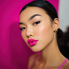 Fototapeta premium young asian woman poses with bold shocking pink lips and flawless skin against vibrant pink background, exuding confidence and style. Her makeup is striking, highlighting her lips and eyes