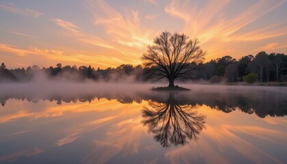 Fototapeta premium Serene Sunset Over Reflective Lake Nature Landscape Photography Tranquil Environment Peaceful View