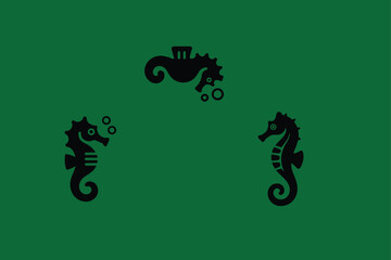 Three Stylized Seahorses in Black on a Green Background