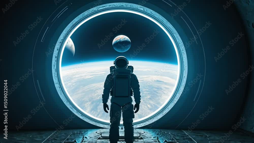 Poster astronaut gazing at planet earth from a futuristic circular window in space environment