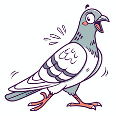 Animated pigeon walking with a shocked expression while looking directly at the viewer