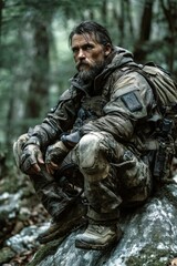Obraz premium Intelligence agent surveys dense forest while kneeling behind rock