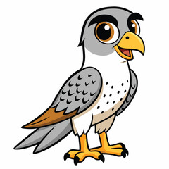 Cartoon peregrine falcon character with striking plumage happily observes its surroundings carefully and curiously
