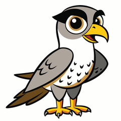 Cartoon falcon looks forward with big eyes, standing tall and proud against white