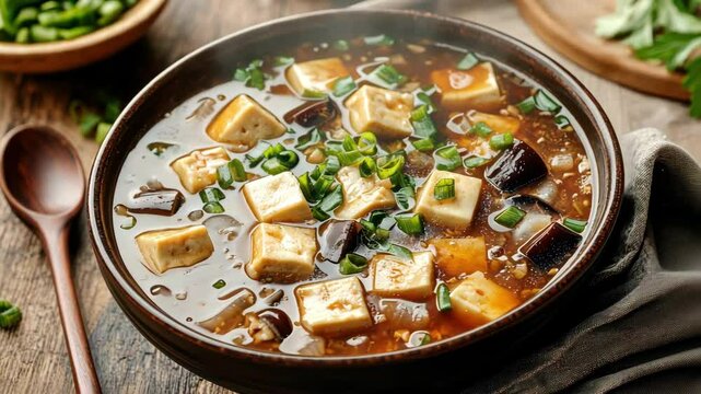 Mapo Tofu close-up with greens and spoon on wooden table, delicious food.