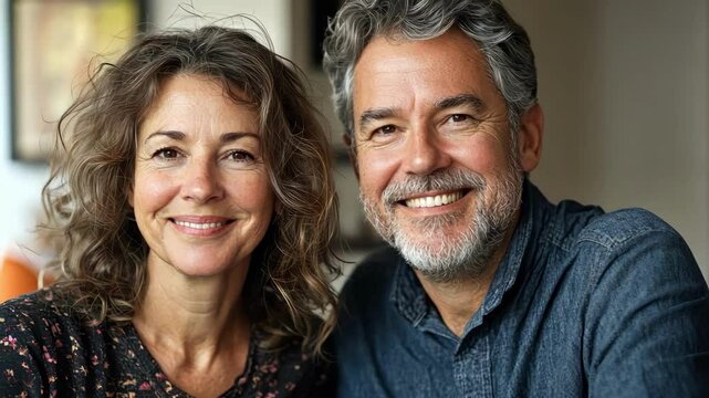 Portrait of happy mature couple, man and woman, looking at camera, smiling, indoors. Two people, love, lifestyle, relationship.