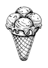 Sketch style ice cream cone on a transparent background for cafe menus and culinary blogs
