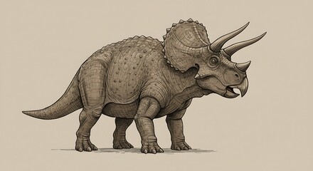 Fototapeta premium Walking Triceratops Dinosaur Illustration on Beige Background