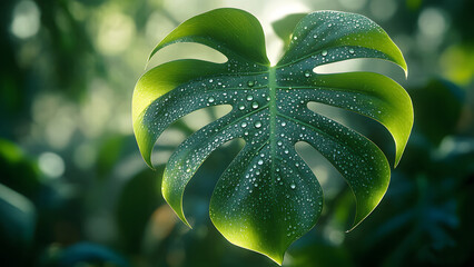 Lush Green Monstera Leaf with Dew Drops A Vibrant Tropical Image