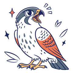 A colorful hawk with an open beak stands surrounded by decorative stars and leaves
