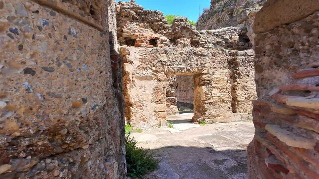ancient Roman baths ruins in Side, Turkey revealing thermal spa practices and community gatherings from the expansive Roman Empire period