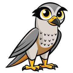 Cartoon bird with yellow eyes and gray feathers is standing on white