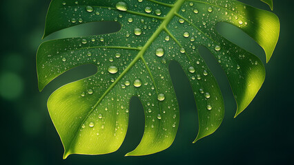 Lush Green Leaf with Dew Drops Nature's Serenity