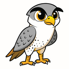 Cartoon falcon with gray feathers and yellow eyes stands in a comical style