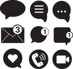 Notification and Chat Icon Set. Bold Black Interface Symbols with Speech Bubbles, Messages, Calls, Likes, Video Calls and Alerts for Social Media Design, Communication UI and Notification Concepts