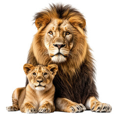 Fototapeta premium Portrait of lion with king, Animal lion wildlife Africa predator danger wilderness safari savanna Botswana Okavango Delta Kruger nature, isolated on transparent background