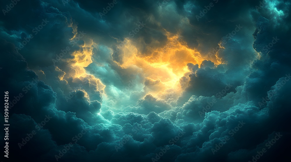 Poster a striking skyscape showcasing dramatic clouds in hues of deep teal and vibrant gold. the interplay 