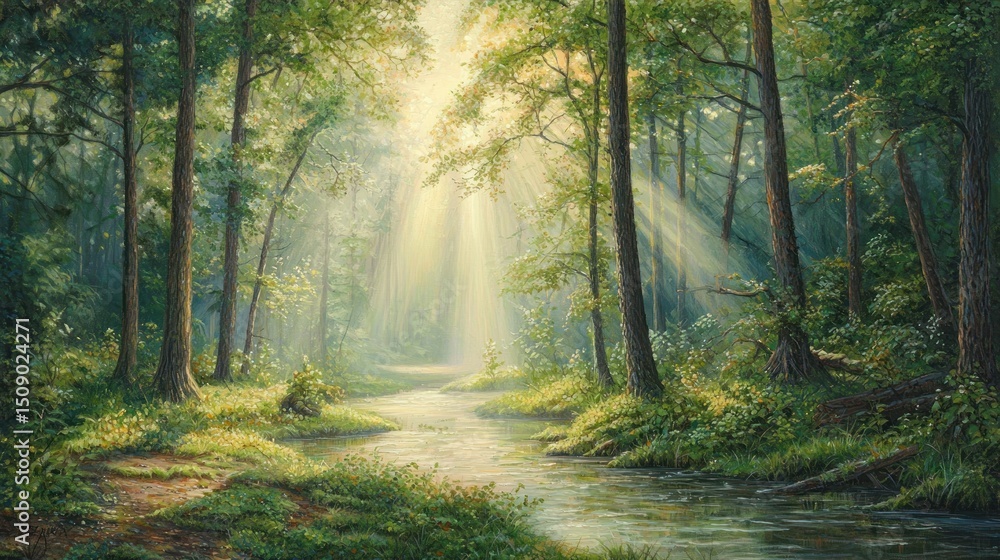 Poster sunlight streams through a tranquil forest.