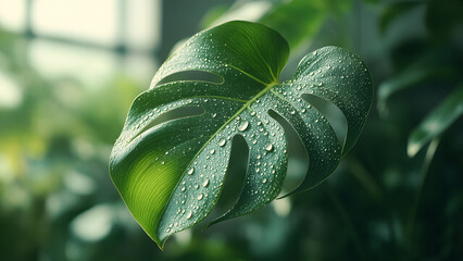 Lush Green Monstera Leaf with Dew Drops A Close-Up View of Nature's Beauty