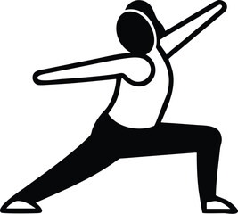 Black silhouette shows a woman with arms outstretched practicing yoga on a white background