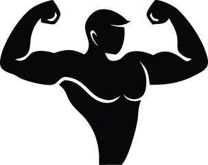 Silhouette shows muscular figure flexing both arms, showcasing physical strength on a transparent background