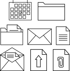 Office Stationery and Document Icons. Minimal Outline Collection with Files, Envelopes, Paper, Folders and Calendar Elements for Productivity, Business, Organization and Workflow Interfaces