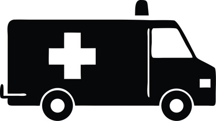 Solid black ambulance icon displays a prominent cross, signaling medical emergency on transparent backdrop