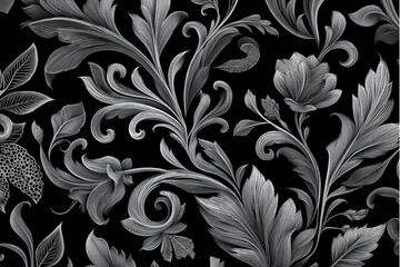 Detailed monochrome floral pattern with swirling leaves and flower buds on a black background design