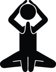 A stylized black figure is seated in a yoga position with hands raised