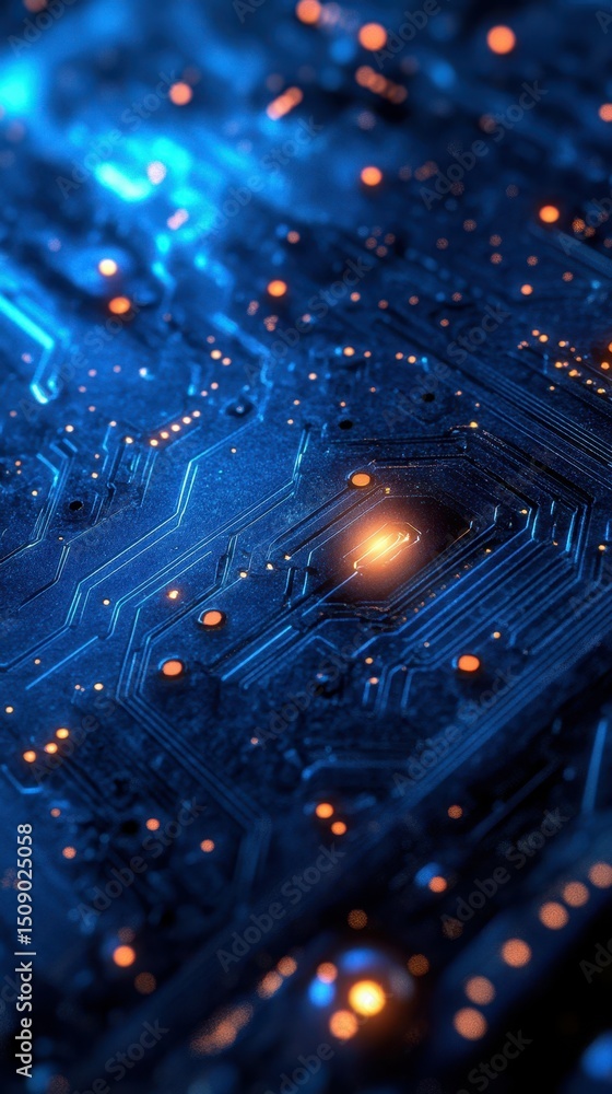 Poster close-up view of a circuit board with glowing elements in a dark setting, showcasing intricate techn