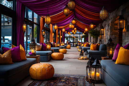 Arabian nights theme party with golden lanterns, patterned rugs, and jewel-toned fabrics