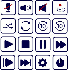 Media Control Button Icon Set. Interface Symbols Including Play, Pause, Repeat, Shuffle, Volume, Record, Power and Settings for Streaming UI, Audio Players, Podcasts and Digital Remote Control Design