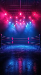 Brightly lit boxing ring ready for an intense match in a vibrant atmosphere with energetic colors
