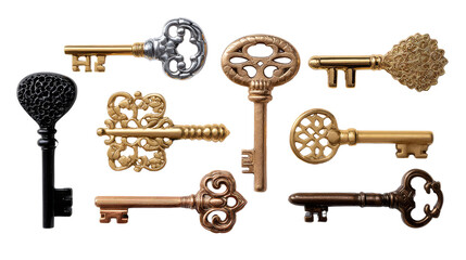 Vintage Key Collection: A captivating assortment of antique keys, each with a unique design and intricate details, evokes a sense of history, mystery, and hidden potential.