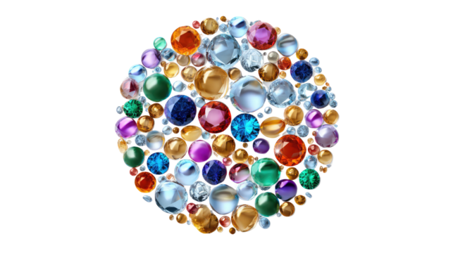 Glittering Gems in a Circle: A mesmerizing array of meticulously arranged, diverse gemstones gleam and shimmer, their vibrant hues creating a dazzling, eye-catching spectacle. 