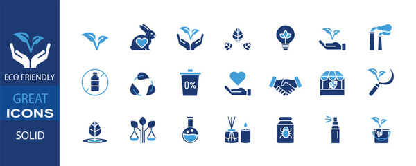 A modern solid icon set representing eco-friendly concepts such as sustainability, organic living, biodegradable materials, and environmental protection. Perfect for environmental product labels