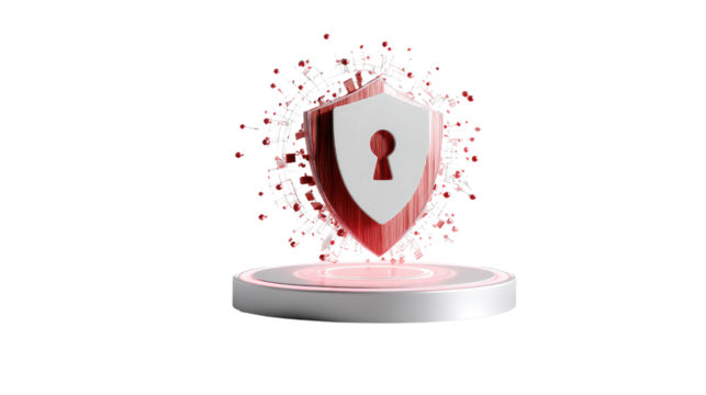 Digital Fortress: A symbolic representation of digital security, featuring a shield and keyhole, set against a background of dispersed red particles, signifying protection in the digital world.