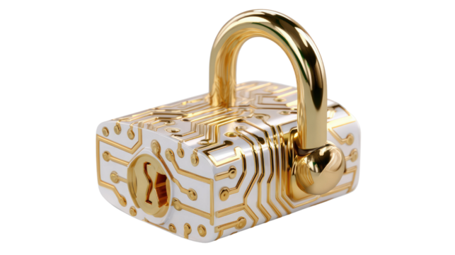 Secure Data Protection: A close-up view showcases a golden padlock, intricately designed with circuit board patterns, symbolizing digital security, data protection.