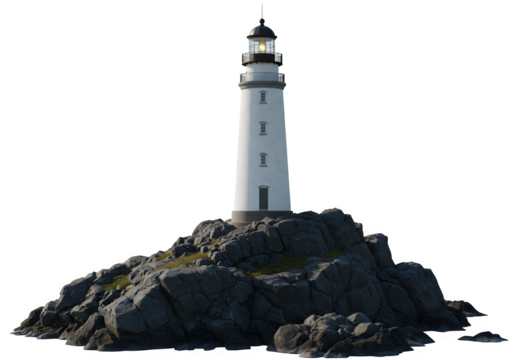 A lighthouse on a rocky island, isolated on white or transparent background. PNG