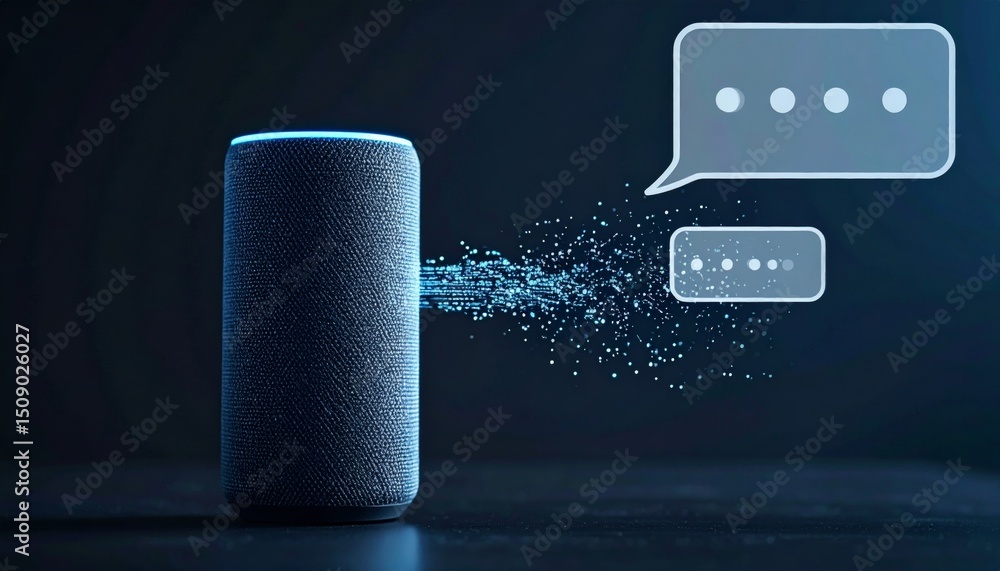 Poster a smart voice assistant emits glowing sound waves with speech bubbles, representing real-time ai int