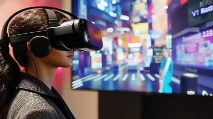 Woman experiencing virtual reality in a futuristic cityscape with vibrant digital advertisements - Powered by Adobe